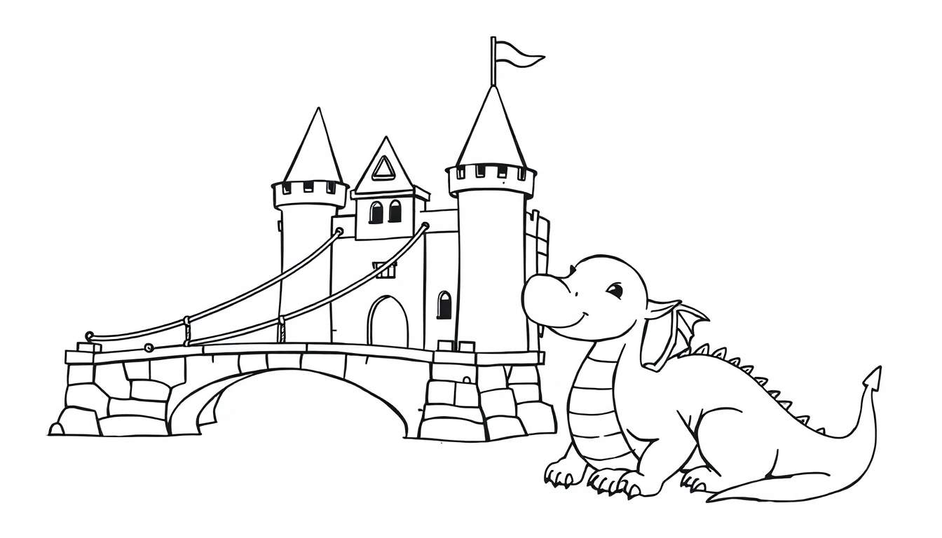 Desenho a preto e branco para colorir de um castelo de conto de fadas com uma ponte e um dragão fofo sentado.