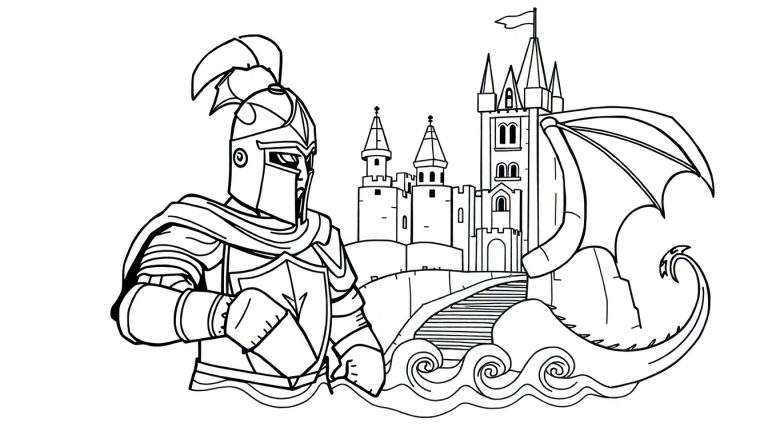 Página para colorir com um cavaleiro em armadura, um castelo com torres altas e um dragão com uma asa grande e cauda espinhosa.