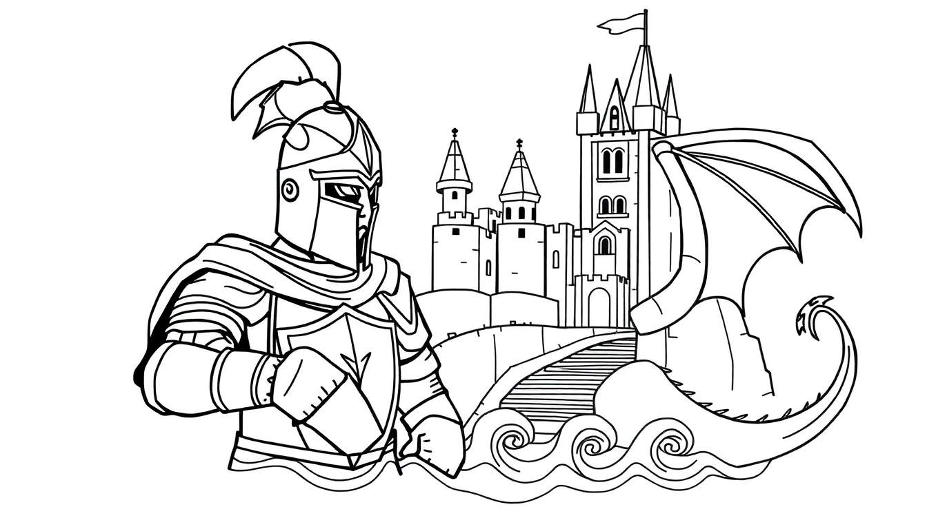 Página para colorir com um cavaleiro em armadura, um castelo com torres altas e um dragão com uma asa grande e cauda espinhosa.