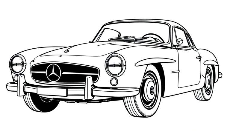 Desenho de linha em preto e branco de um carro clássico Mercedes-Benz, visto de frente e ligeiramente de lado, pronto para ser colorido.
