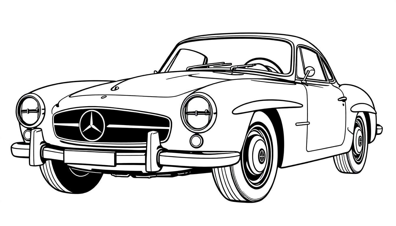 Desenho de linha em preto e branco de um carro clássico Mercedes-Benz, visto de frente e ligeiramente de lado, pronto para ser colorido.