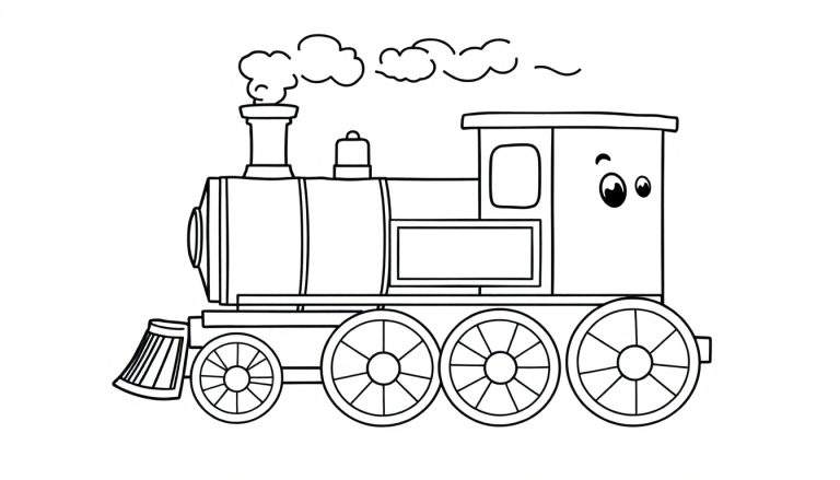 Página para colorir de um trem a vapor com um rosto feliz, fumaça saindo da chaminé e rodas visíveis.