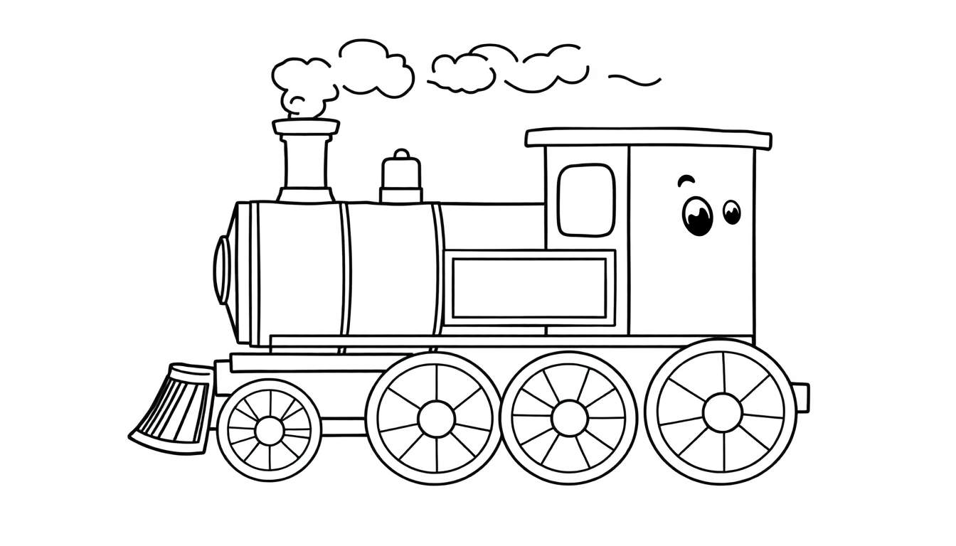 Página para colorir de um trem a vapor com um rosto feliz, fumaça saindo da chaminé e rodas visíveis.