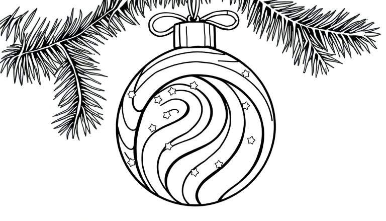 Desenho em preto e branco de uma bola de Natal redonda com padrões de linhas onduladas, espirais e estrelas, pendurada por um laço, com ramos de pinheiro acima. Página para colorir temática de Natal.