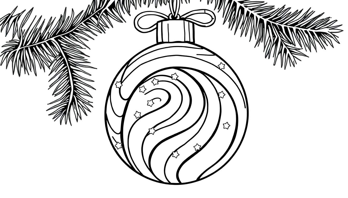 Desenho em preto e branco de uma bola de Natal redonda com padrões de linhas onduladas, espirais e estrelas, pendurada por um laço, com ramos de pinheiro acima. Página para colorir temática de Natal.