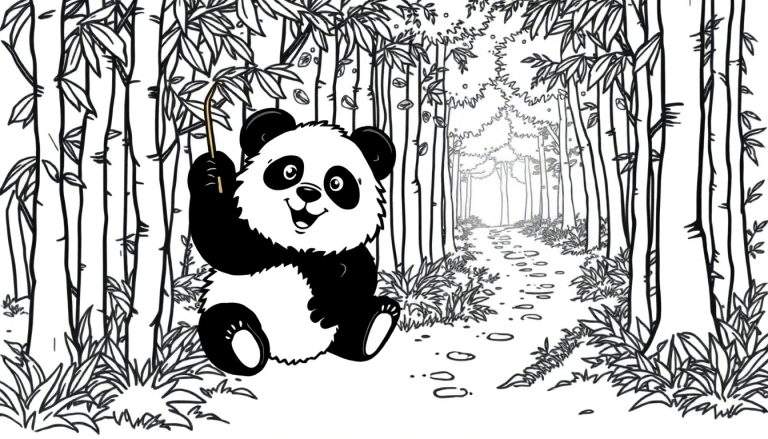 Página para colorir de um panda sorridente sentado em uma floresta de bambu.