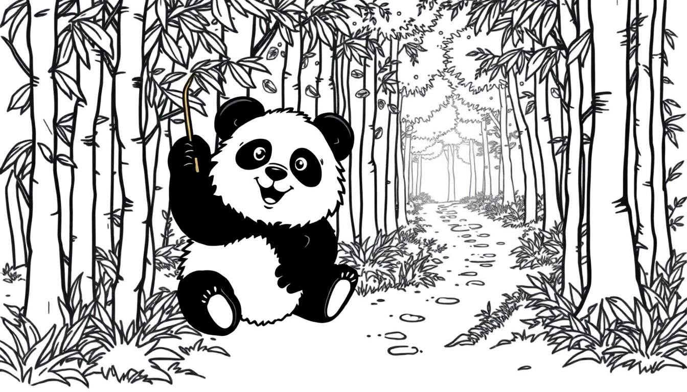 Página para colorir de um panda sorridente sentado em uma floresta de bambu.