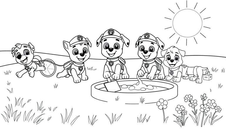 Página para colorir com cinco cãozinhos da Patrulha Canina brincando juntos em um dia ensolarado em um campo com grama e flores. Um cãozinho puxa uma roda, outro está sentado sorrindo, três estão em volta de uma bacia brincando com areia/lama e um quinto está deitado relaxando.