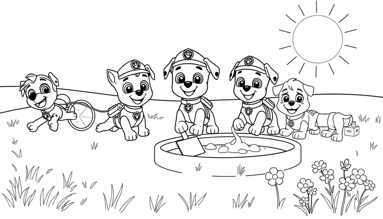 Página para colorir com cinco cãozinhos da Patrulha Canina brincando juntos em um dia ensolarado em um campo com grama e flores. Um cãozinho puxa uma roda, outro está sentado sorrindo, três estão em volta de uma bacia brincando com areia/lama e um quinto está deitado relaxando.