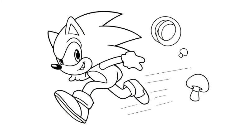Página para colorir de Sonic o Ouriço correndo, com um anel dourado e cogumelos.
