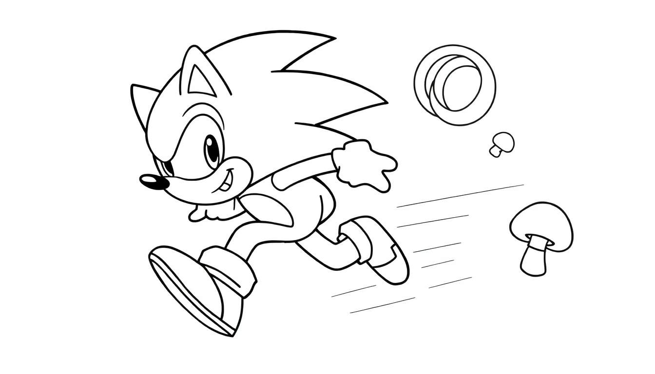 Página para colorir de Sonic o Ouriço correndo, com um anel dourado e cogumelos.