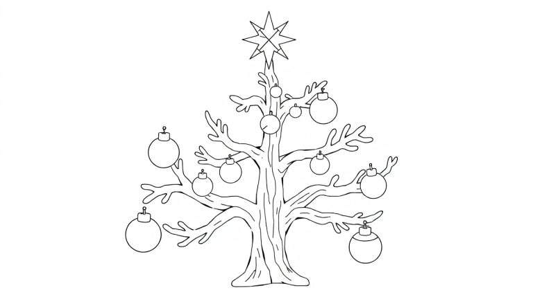 Uma árvore de Natal desenhada em estilo de esboço, com uma estrela no topo e bolas penduradas. Um color panel está visível ao lado.