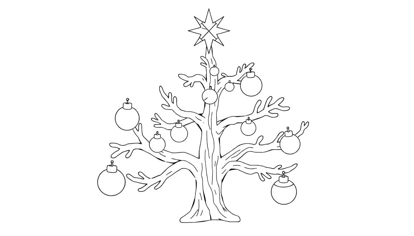 Uma árvore de Natal desenhada em estilo de esboço, com uma estrela no topo e bolas penduradas. Um color panel está visível ao lado.