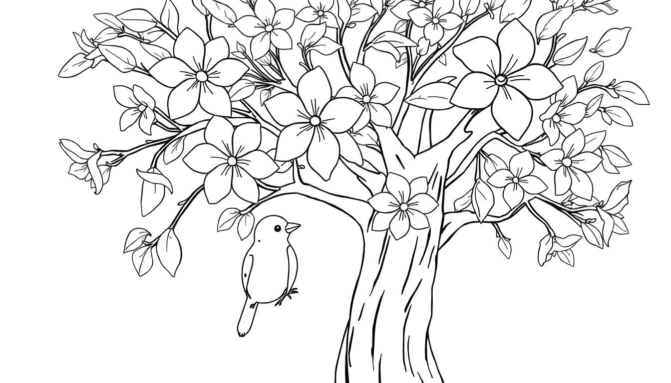 Um desenho em preto e branco de uma árvore florida com um pássaro, pronto para colorir com um color panel.