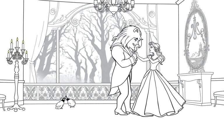 Desenho a preto e branco de páginas para colorir com a Bela e o Monstro a dançar num salão de baile elegante, com vista para uma floresta, pássaros e decoração ornamentada.