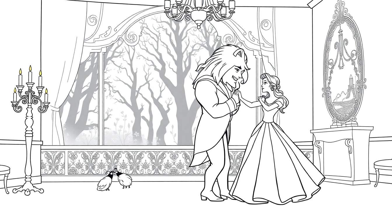 Desenho a preto e branco de páginas para colorir com a Bela e o Monstro a dançar num salão de baile elegante, com vista para uma floresta, pássaros e decoração ornamentada.