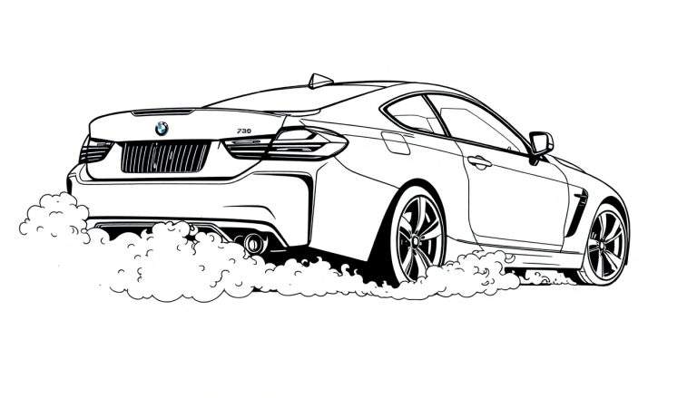 Desenho a traço de um BMW Série 4 Coupé a derrapar, com fumo a sair das rodas traseiras.