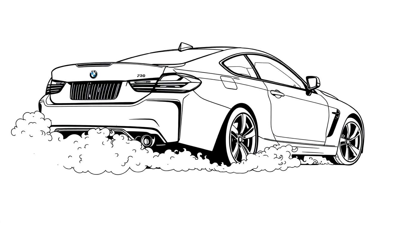 Desenho a traço de um BMW Série 4 Coupé a derrapar, com fumo a sair das rodas traseiras.