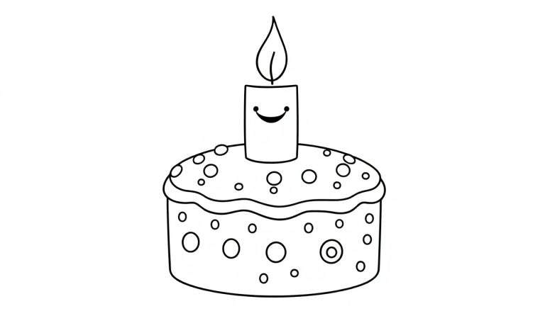 Página para colorir de um bolo de aniversário com uma vela feliz no topo, decorado com círculos.