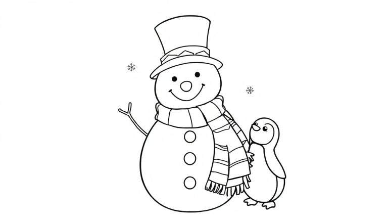 Página para colorir de um boneco de neve a conversar com um pinguim na neve.