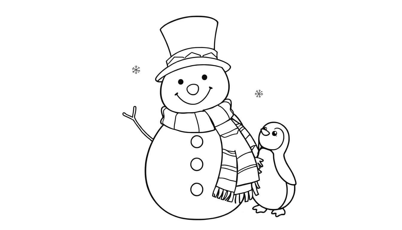 Página para colorir de um boneco de neve a conversar com um pinguim na neve.