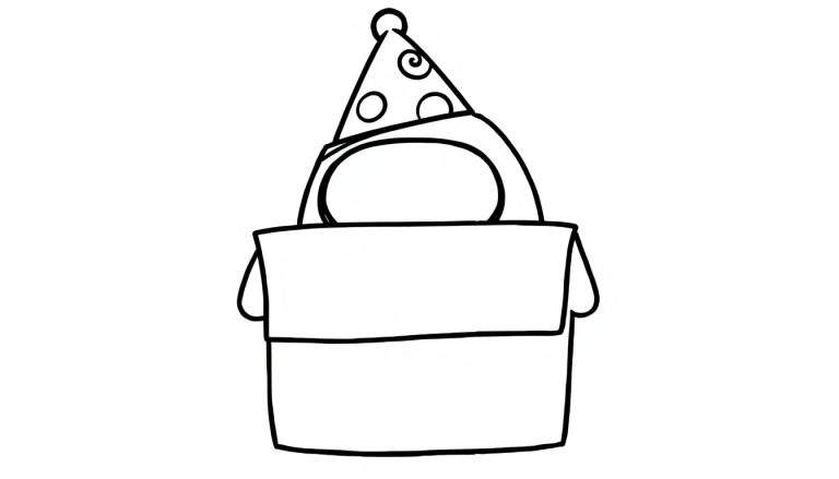 Página para colorir de um boneco com chapéu de festa dentro de uma caixa.
