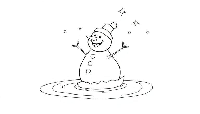Boneco de neve de desenho animado em preto e branco com chapéu e sorriso largo, rodeado por estrelas, em pé numa poça de água.