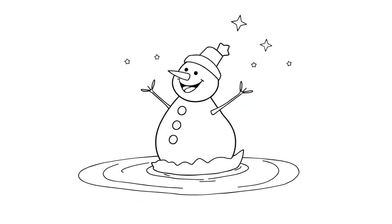 Boneco de neve de desenho animado em preto e branco com chapéu e sorriso largo, rodeado por estrelas, em pé numa poça de água.