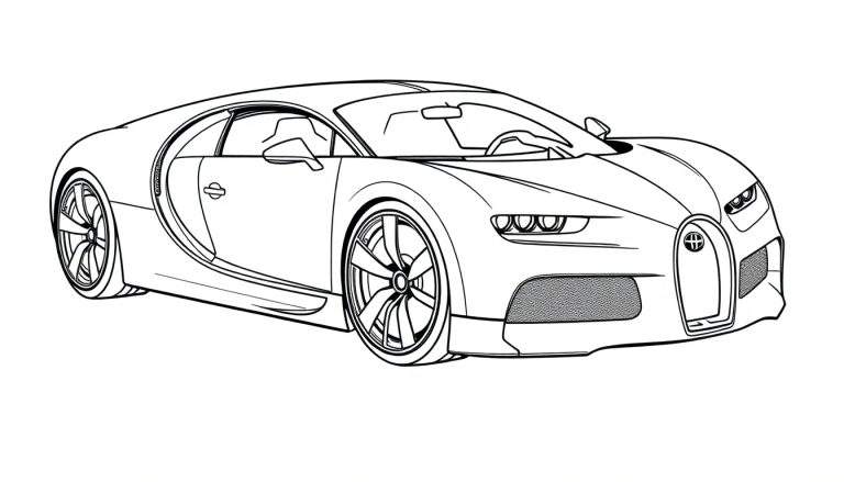Desenho de linha de um Bugatti Chiron para colorir, visto de frente e de lado, com todos os detalhes visíveis para pintura.
