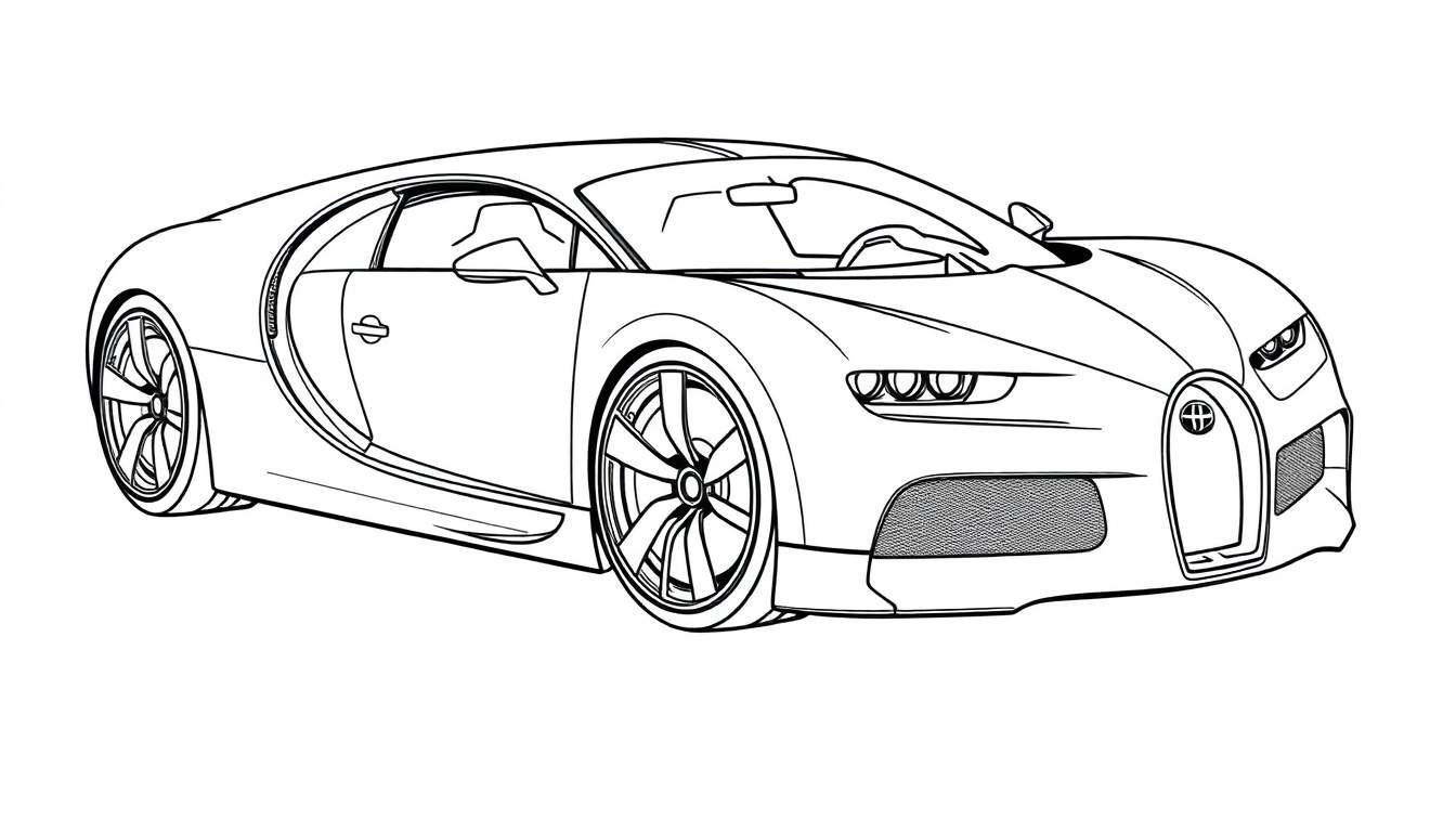 Desenho de linha de um Bugatti Chiron para colorir, visto de frente e de lado, com todos os detalhes visíveis para pintura.