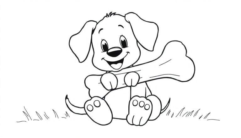 Desenho a preto e branco de um cachorrinho feliz sentado na relva, segurando um osso com as patas dianteiras.