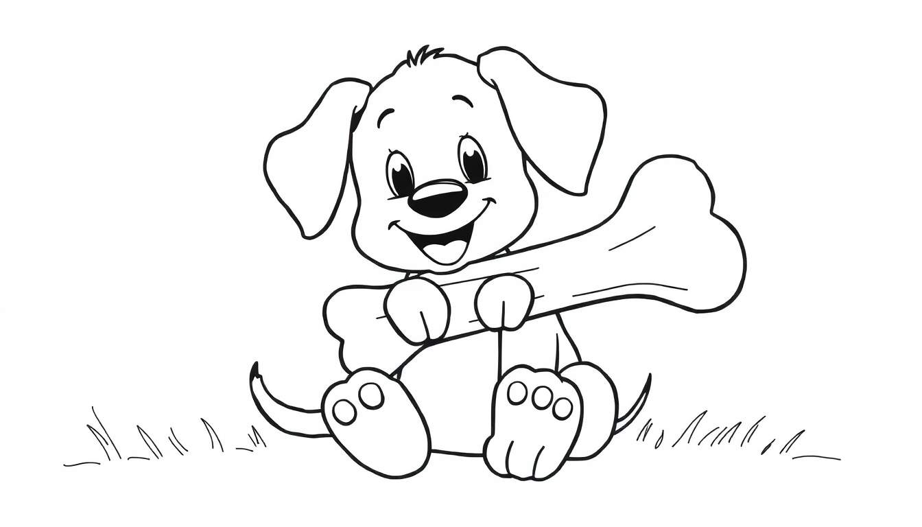 Desenho a preto e branco de um cachorrinho feliz sentado na relva, segurando um osso com as patas dianteiras.