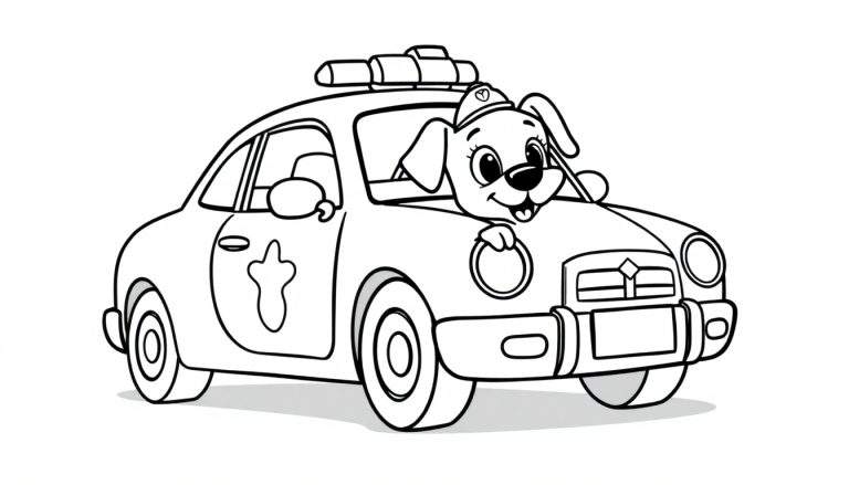 Ilustração em preto e branco de um cãozinho policial a sorrir e acenar com a pata, usando um boné de polícia, sentado num carro de polícia com um símbolo de pata e uma luz intermitente no tejadilho.