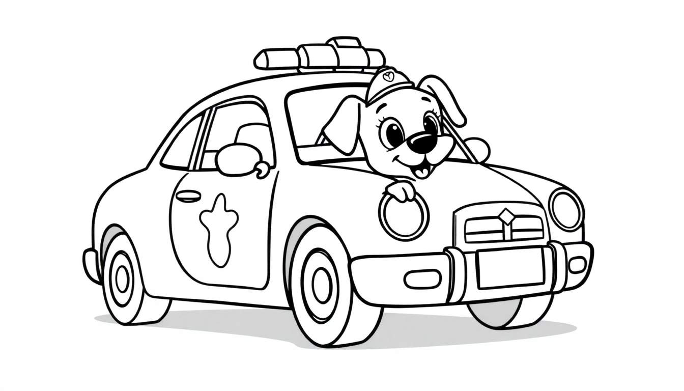 Ilustração em preto e branco de um cãozinho policial a sorrir e acenar com a pata, usando um boné de polícia, sentado num carro de polícia com um símbolo de pata e uma luz intermitente no tejadilho.