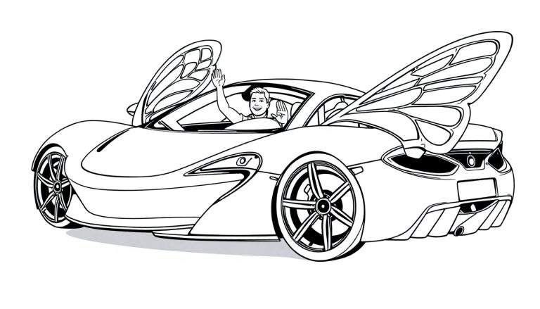 Página para colorir de um carro desportivo com asas de borboleta e um condutor a acenar.
