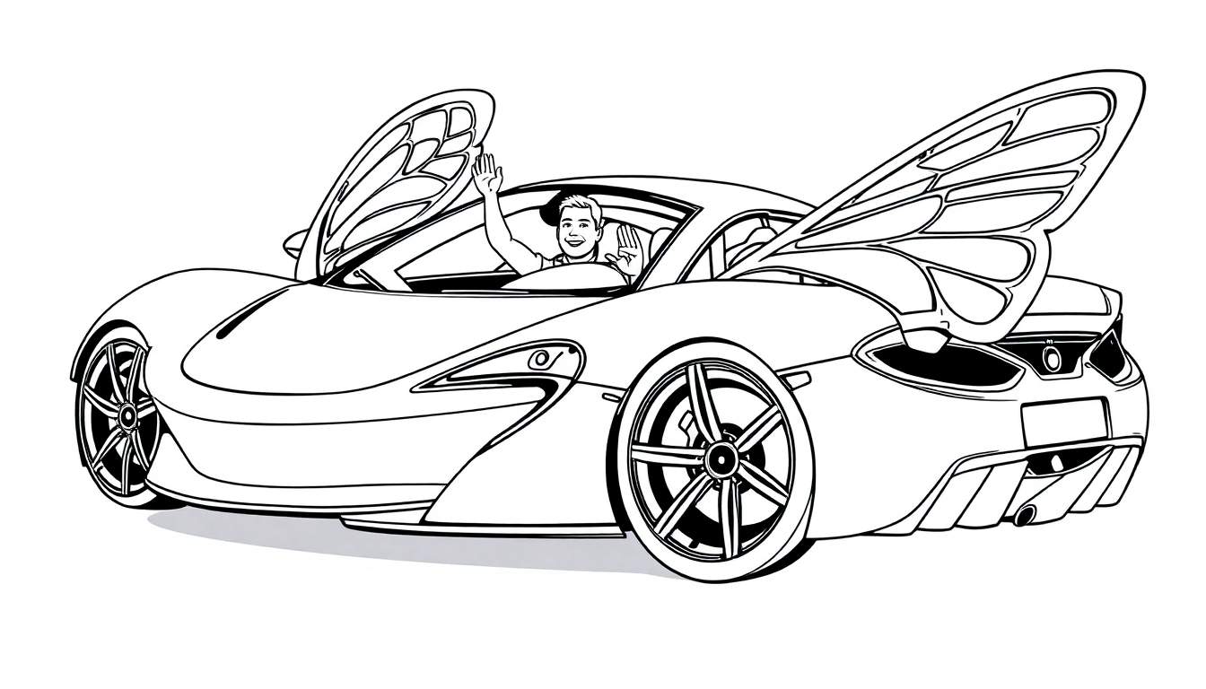 Página para colorir de um carro desportivo com asas de borboleta e um condutor a acenar.