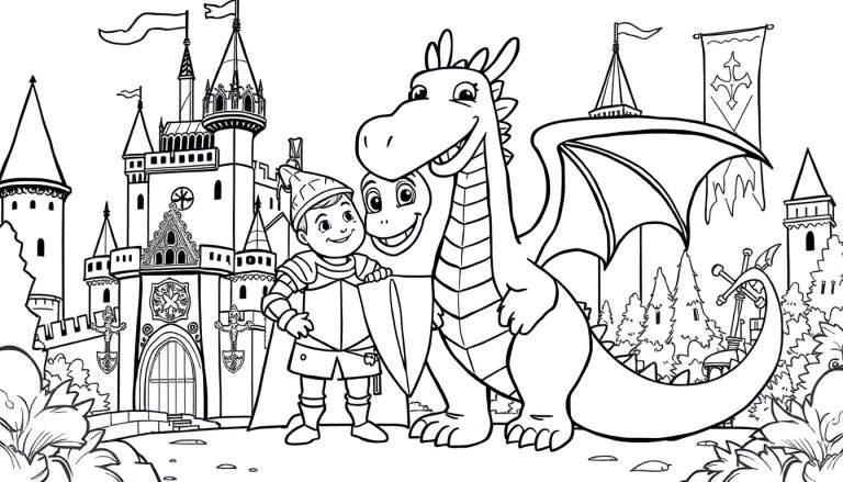 Página para colorir de um cavaleiro amigável em armadura e um dragão sorridente em frente a um castelo com torres altas e bandeiras. Há árvores e flores ao redor.
