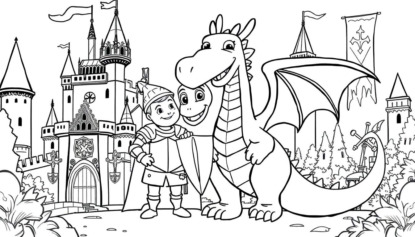 Página para colorir de um cavaleiro amigável em armadura e um dragão sorridente em frente a um castelo com torres altas e bandeiras. Há árvores e flores ao redor.