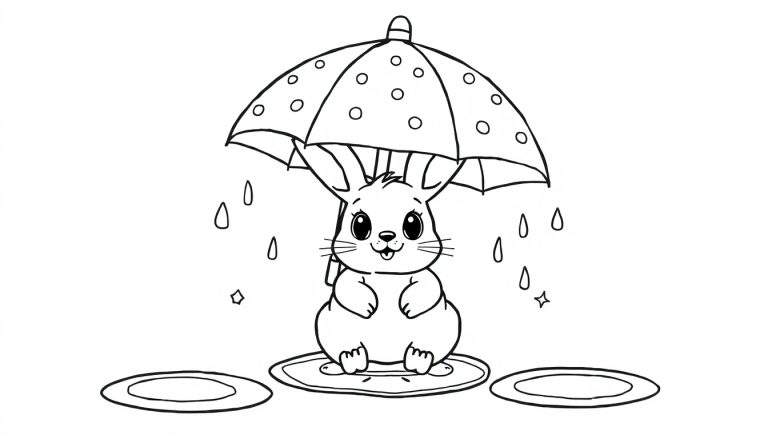 Página para colorir de um coelhinho fofo sentado sob um guarda-chuva circular, com chuva e poças ao redor.