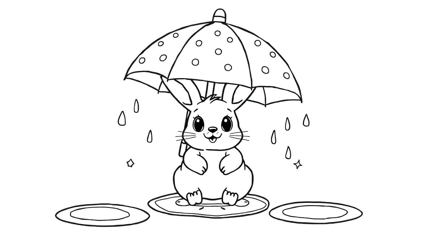 Página para colorir de um coelhinho fofo sentado sob um guarda-chuva circular, com chuva e poças ao redor.