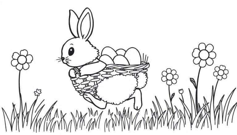 Página para colorir de um coelho da Páscoa a correr com uma cesta cheia de ovos, rodeado por flores e relva.