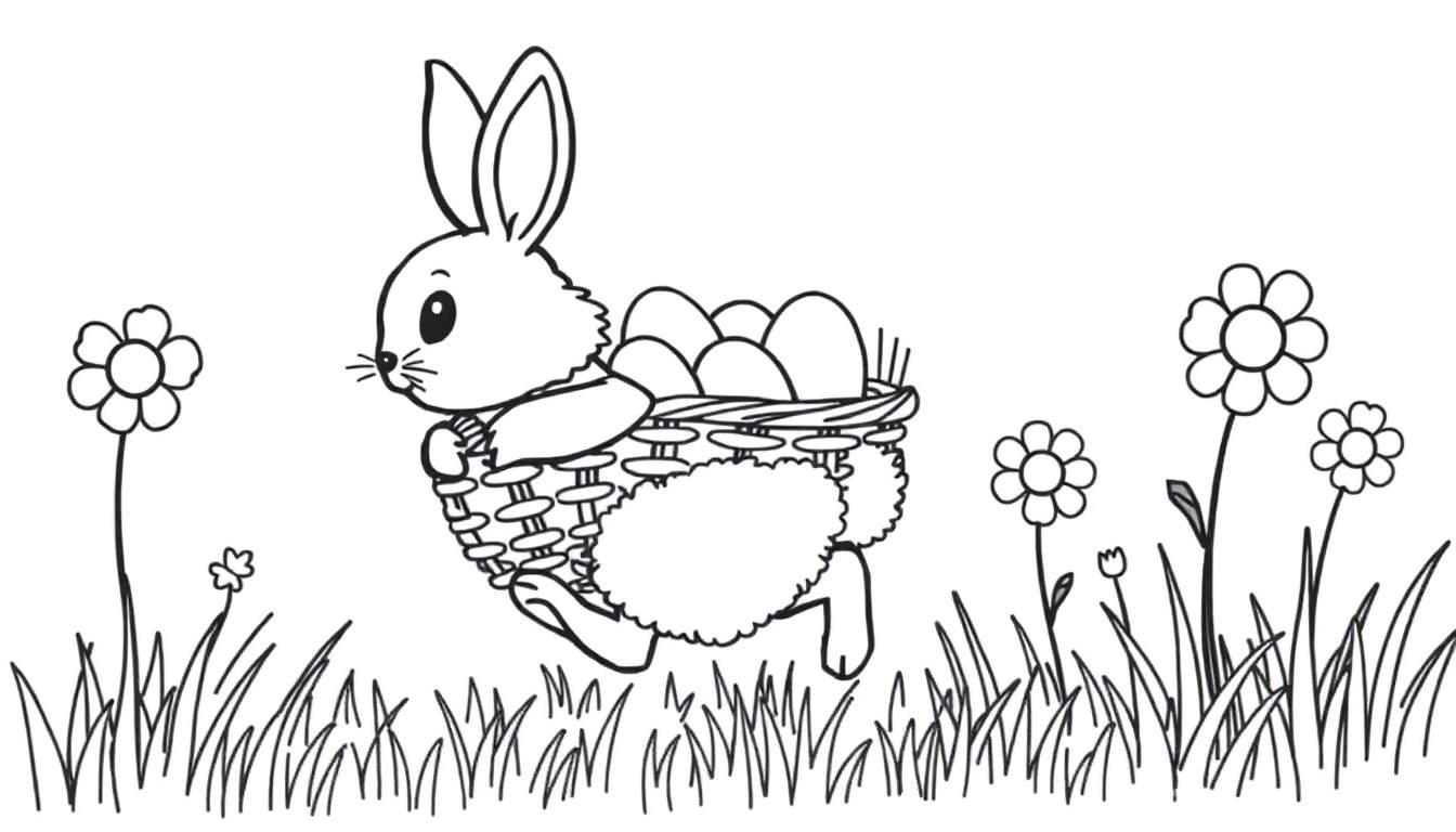 Página para colorir de um coelho da Páscoa a correr com uma cesta cheia de ovos, rodeado por flores e relva.