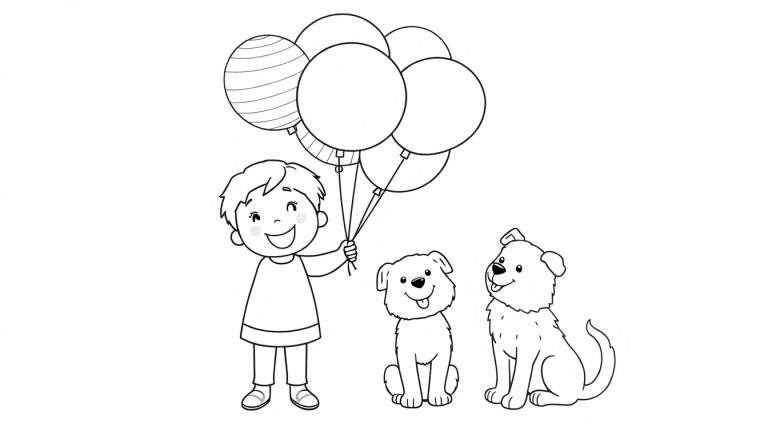 Desenho em preto e branco de uma criança feliz segurando balões, com dois cães sentados ao lado, um deles usando um laço na cabeça.