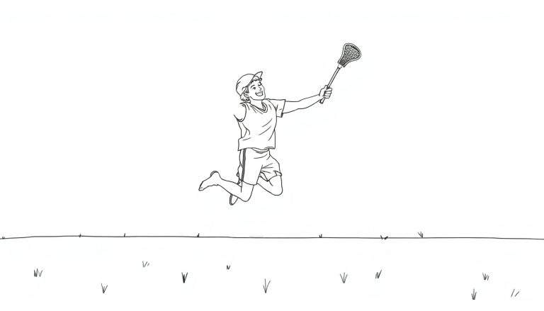 Desenho a traço de uma criança a saltar com um taco de lacrosse, com um sorriso, vestida com boné, t-shirt e calções, num campo de relva.