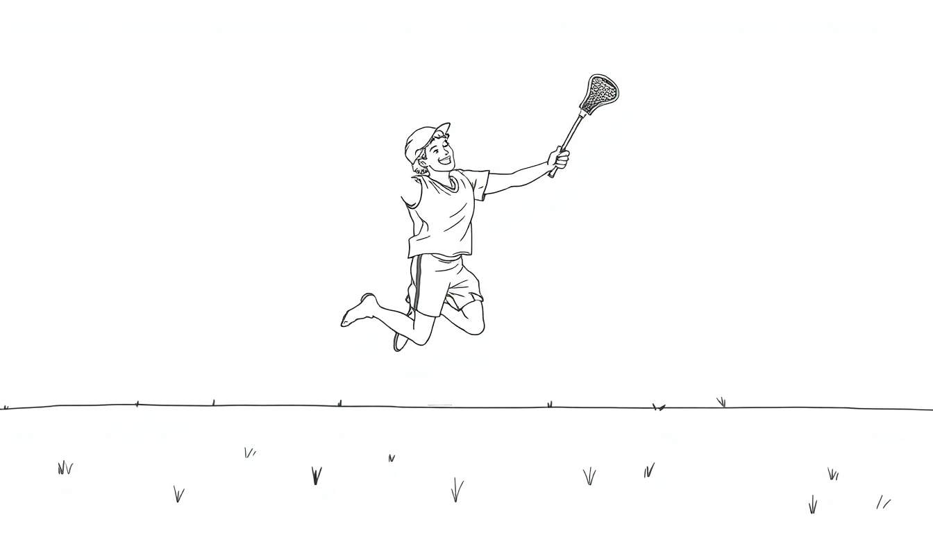 Desenho a traço de uma criança a saltar com um taco de lacrosse, com um sorriso, vestida com boné, t-shirt e calções, num campo de relva.