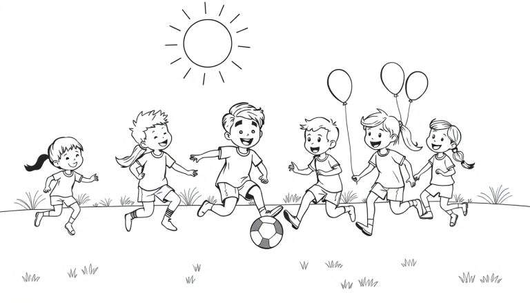 Ilustração para colorir de seis crianças sorridentes a brincar num parque soalheiro, com uma a segurar um balão e outra a jogar à bola.