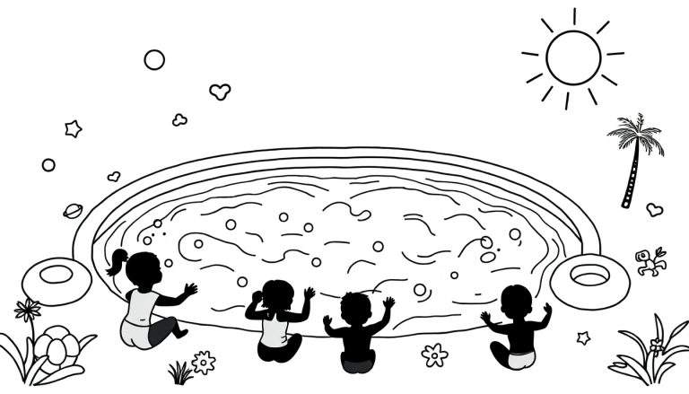 Ilustração para colorir de quatro crianças perto de uma piscina inflável, com sol, palmeira, nuvens, flores e plantas.