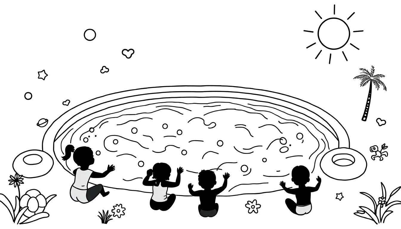 Ilustração para colorir de quatro crianças perto de uma piscina inflável, com sol, palmeira, nuvens, flores e plantas.