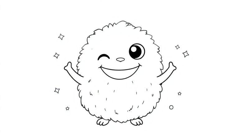 Página para colorir de uma criatura peluda sorridente e a piscar o olho com estrelas à volta.