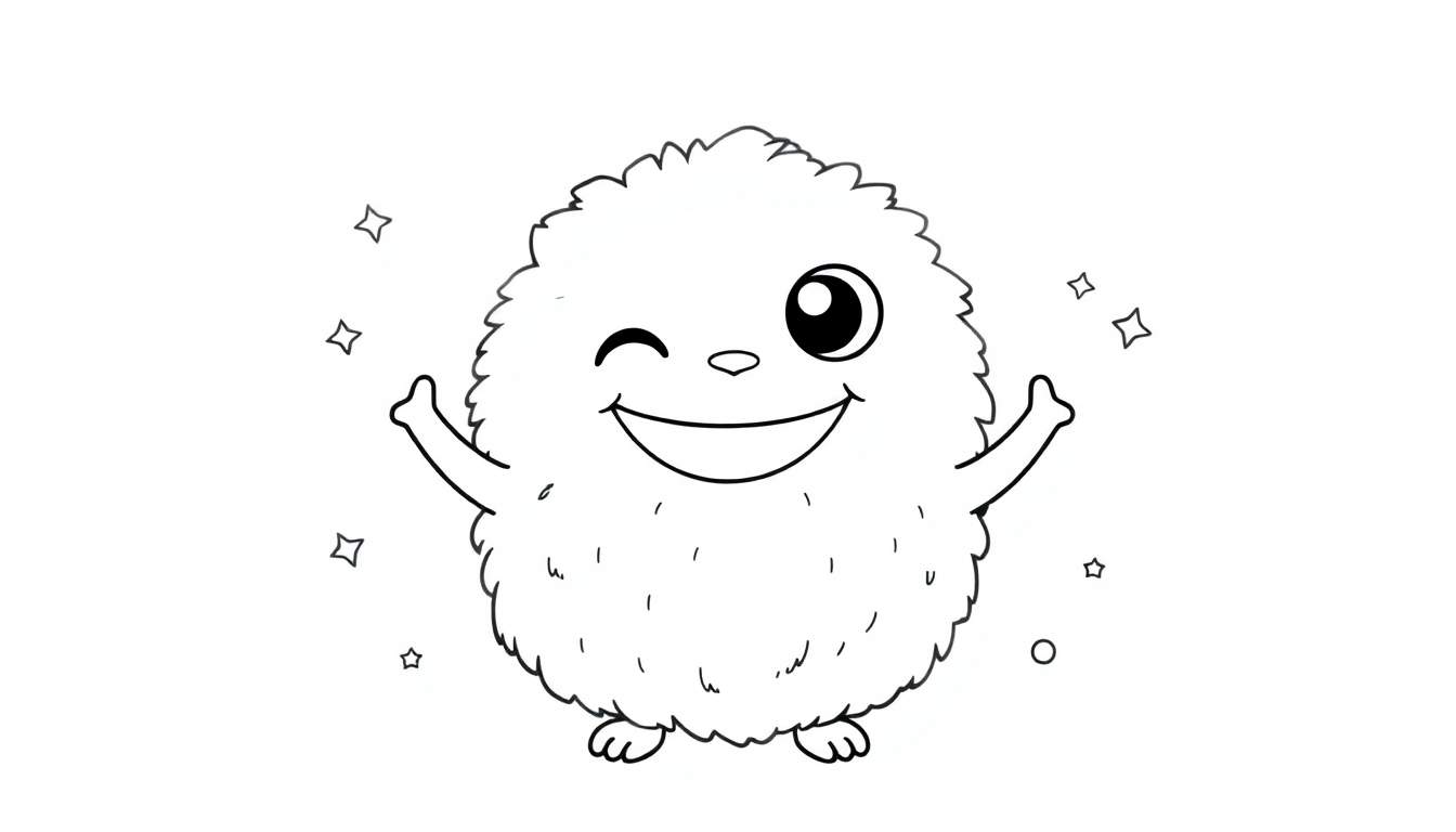 Página para colorir de uma criatura peluda sorridente e a piscar o olho com estrelas à volta.